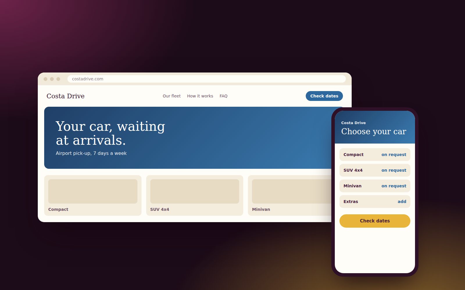 Costa Drive sample car rental website on a laptop and phone